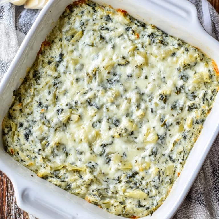 A creamy, irresistible shot of Cheesy Spinach Artichoke Dip, perfect for any party appetizer.