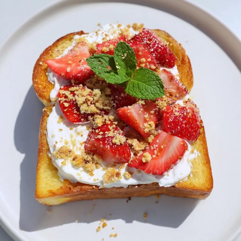 Fresh strawberries and creamy cheesecake spread generously on perfectly toasted Strawberry Cheesecake Toast.