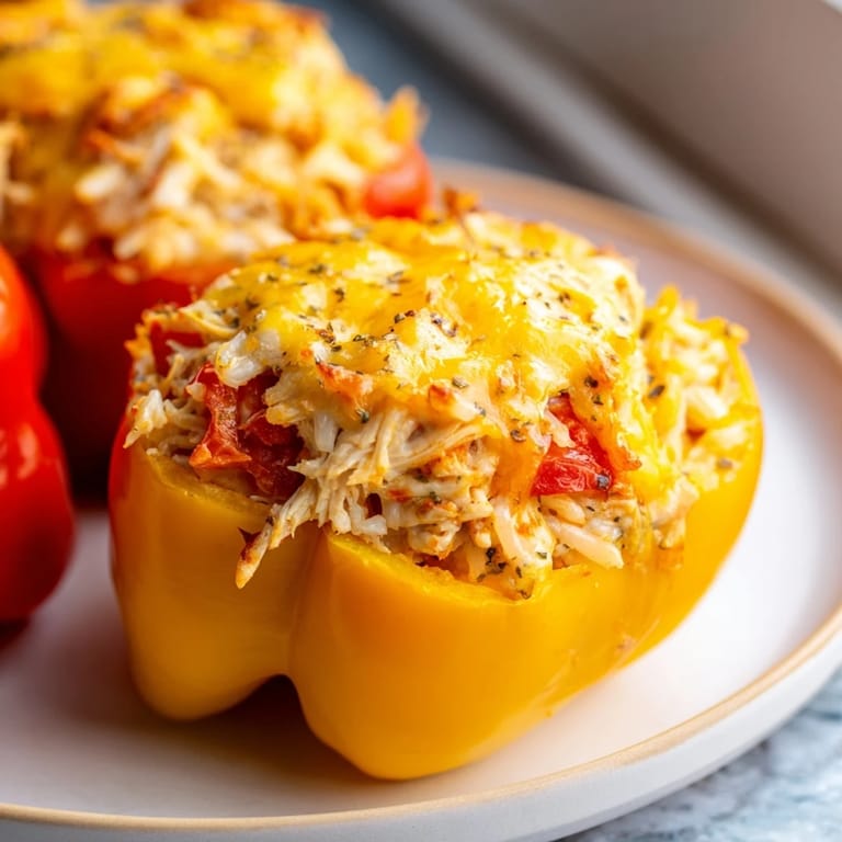 Image of baked Cheesy Chicken Stuffed Peppers, family-friendly dinner filled with flavor and easy to make.