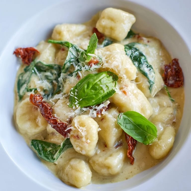 A delicious close-up of Creamy Tuscan Gnocchi, ready to be served and garnished with fresh basil.