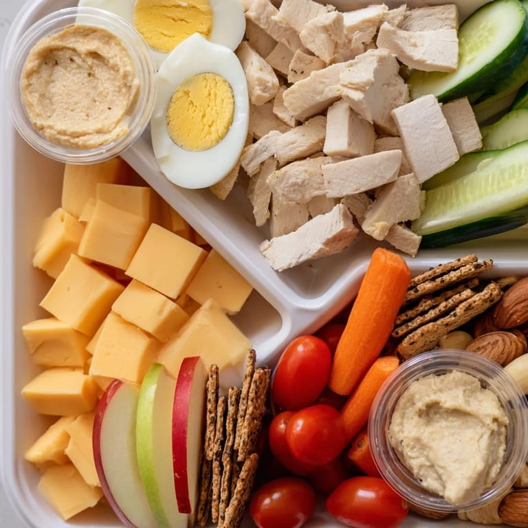 Vibrant protein snack boxes with sliced chicken, hard-boiled eggs, and fresh veggies for healthy eating.