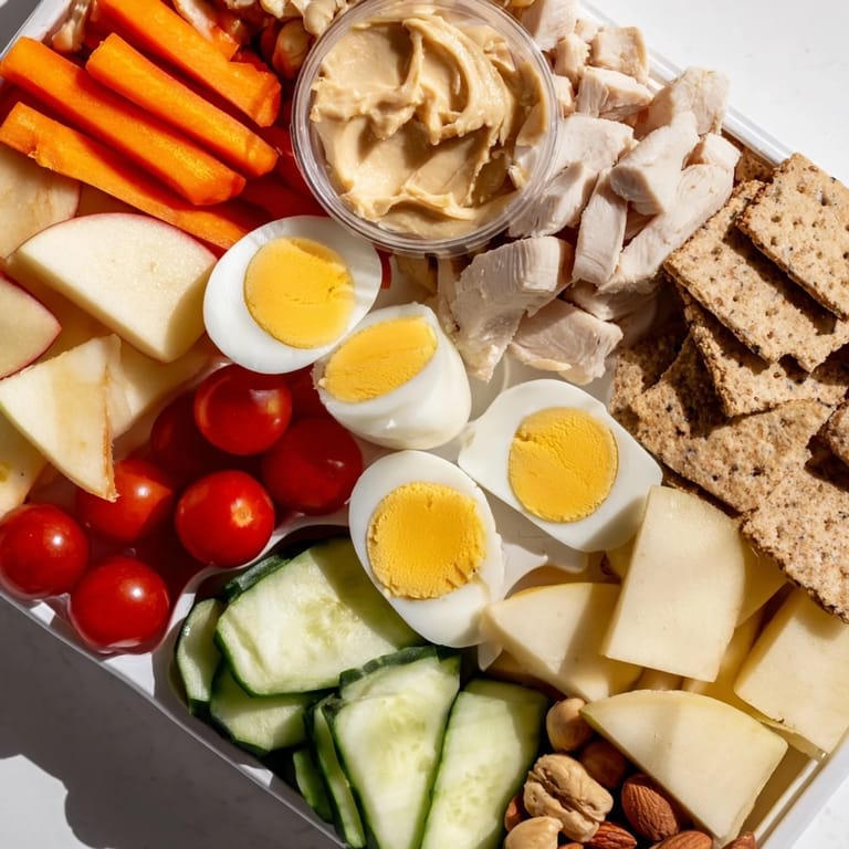Close-up of fully assembled protein snack boxes, featuring an array of nutritious, delicious snack components.