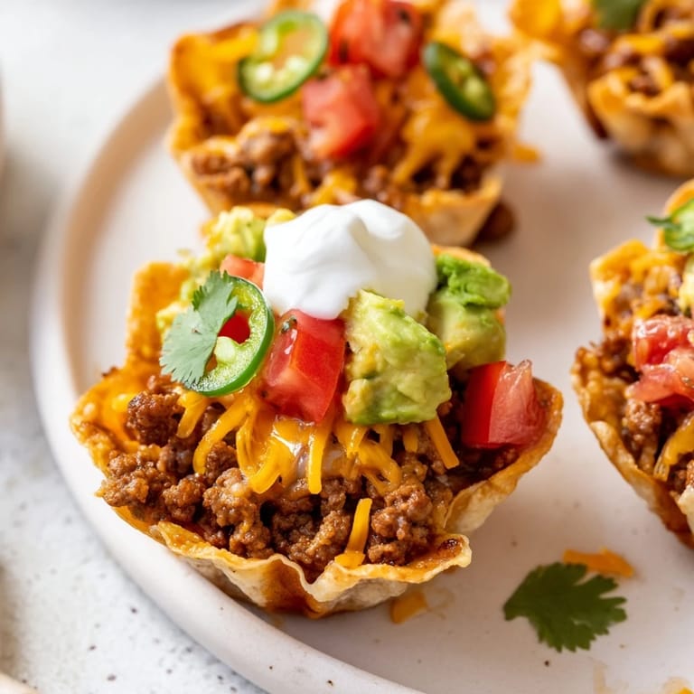 Close-up of mini taco cups served warm, showcasing the delicious blend of flavors and textures.