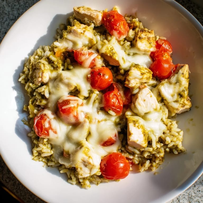 A comforting close-up shows a creamy Chicken Pesto Rice Bake, highlighting the tender chicken and rice.