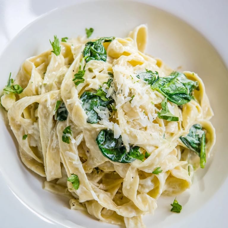 Enjoy a forkful of rich, cheesy, creamy spinach fettuccine Alfredo, perfect for a cozy dinner.