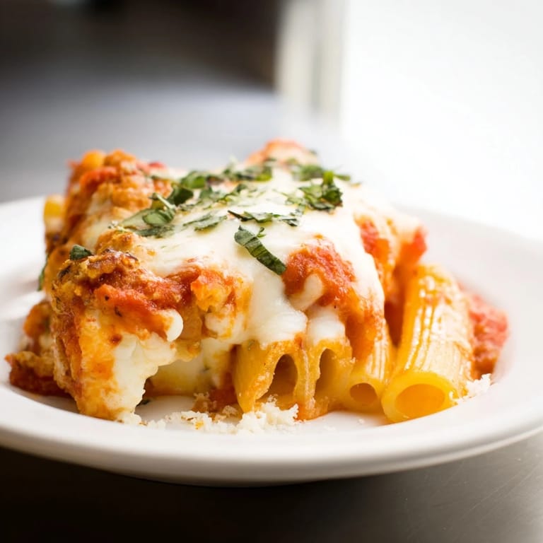 Rich marinara sauce and creamy ricotta mingle in this delicious, vegetarian Cheesy Baked Ziti.