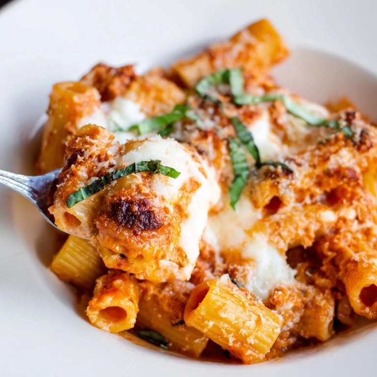 A steaming casserole of four cheese baked pasta, with a crispy, golden-brown cheese topping.