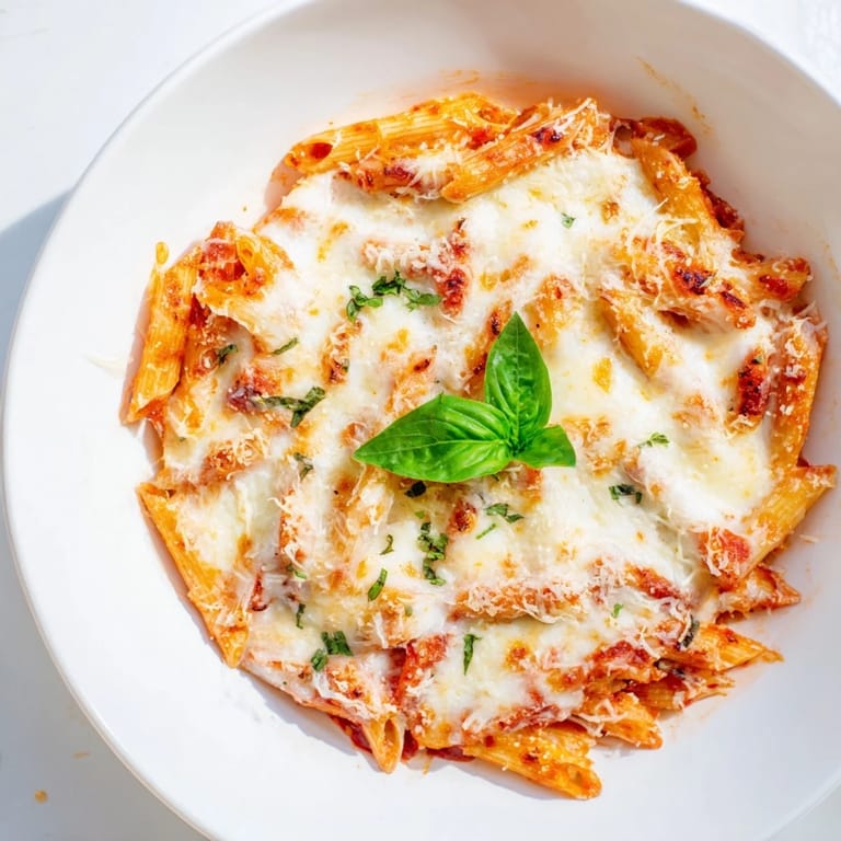 Close-up of baked penne arrabbiata: Spicy tomato sauce and melted Parmesan cheese create a flavorful pasta bake.