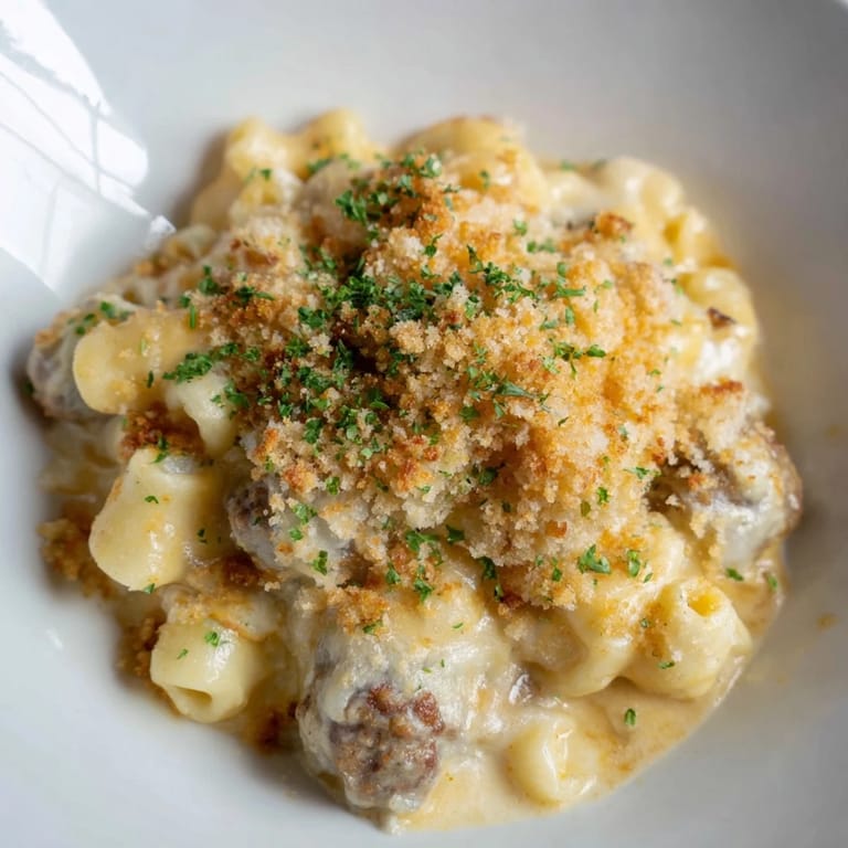 Perfectly baked, family-style Mac & Cheese Meatball Bake, ideal for a hearty weeknight dinner.