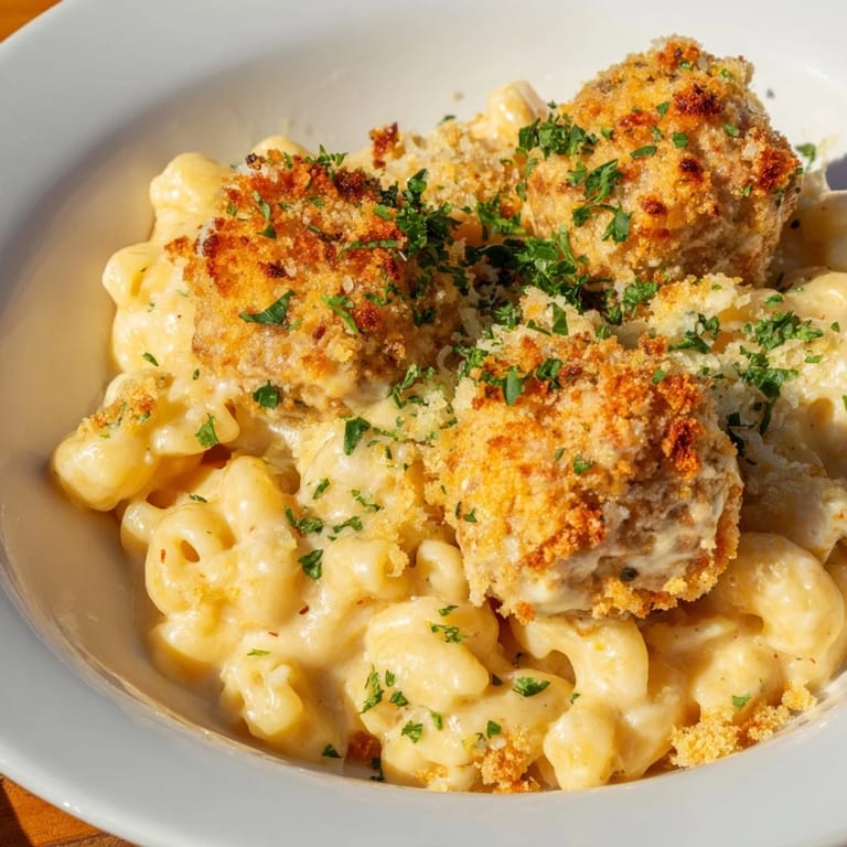 A close-up of a steaming Mac & Cheese Meatball Bake, revealing layers of creamy cheese and pasta.