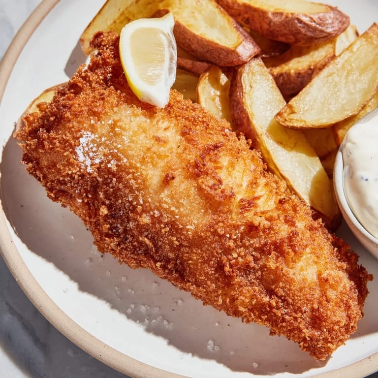 A plate of fresh British Fish & Chips, with a drizzle of malt vinegar and tartar sauce.