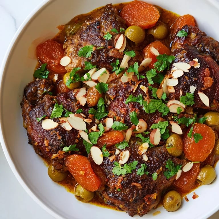 Aromatic Moroccan Tagine Chicken features tender chicken, sweet apricots, and savory olives for a comforting meal.