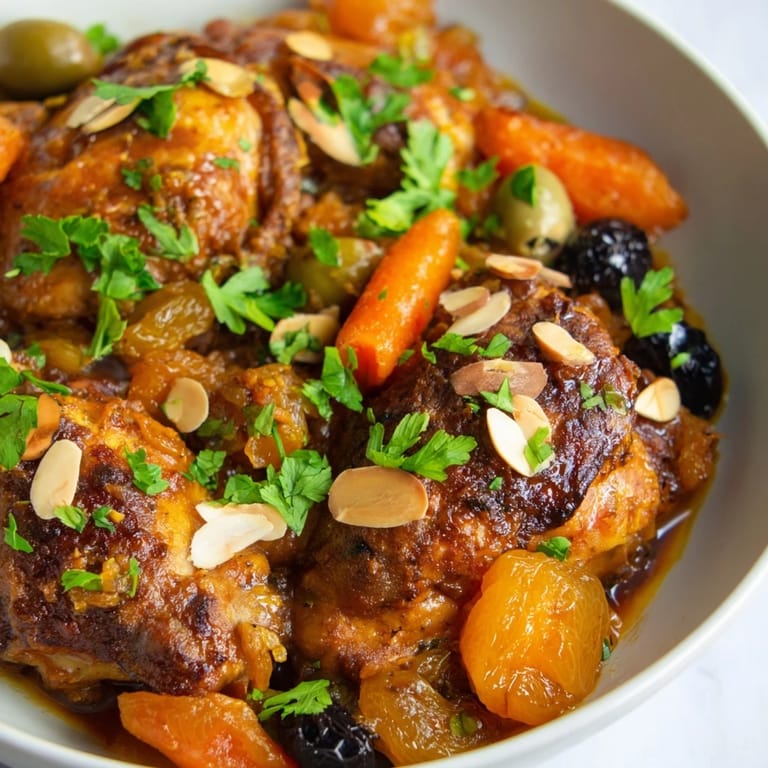 This warm photo showcases a delicious Moroccan Tagine Chicken, ready to be served over fluffy couscous or rice.