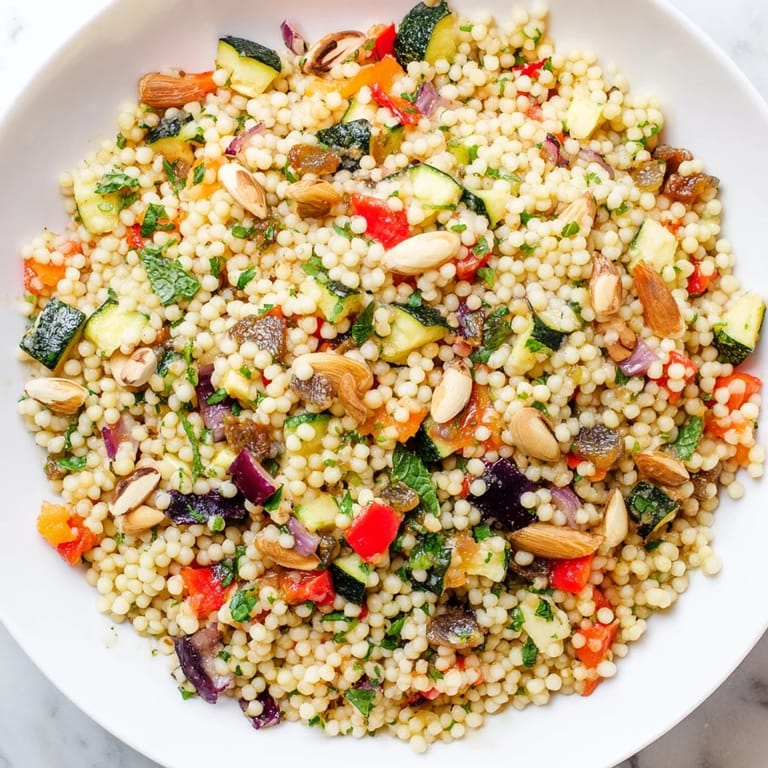 A colorful bowl of Moroccan couscous salad, overflowing with vibrant ingredients and textures.