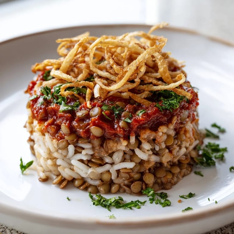 A close-up of a bubbling, spiced tomato sauce ladled over a colorful bowl of Egyptian Koshari.