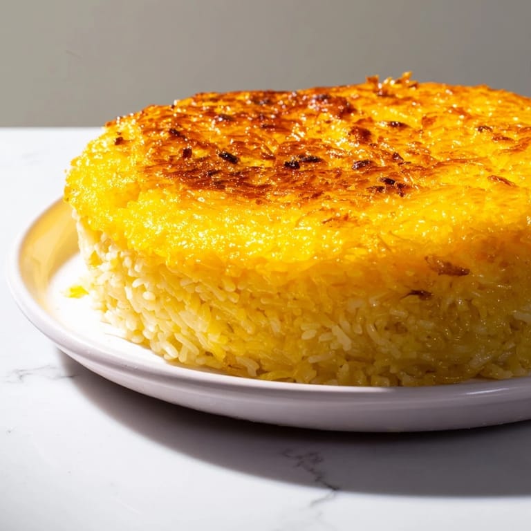 A close up shows the delicious crunchy tahdig base alongside fluffy Persian Tahdig rice.