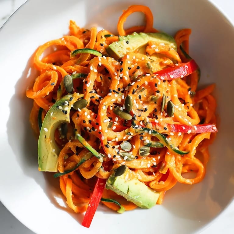 Bright, raw carrot noodles mingle with spinach and red pepper in this nourishing Carrot Noodle Skincare Bowl.