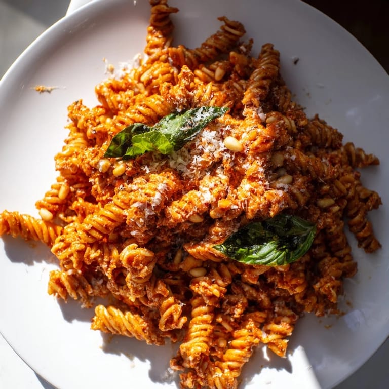 A food processor blends sun-dried tomatoes, nuts, and basil into a vibrant pesto for this Sun-Dried Tomato Pesto Pasta.