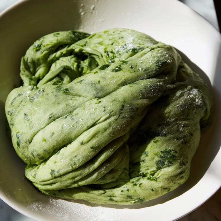 Blanched spinach is pureed into flour and eggs, forming a soft, elastic spinach pasta dough for fettuccine or ravioli.