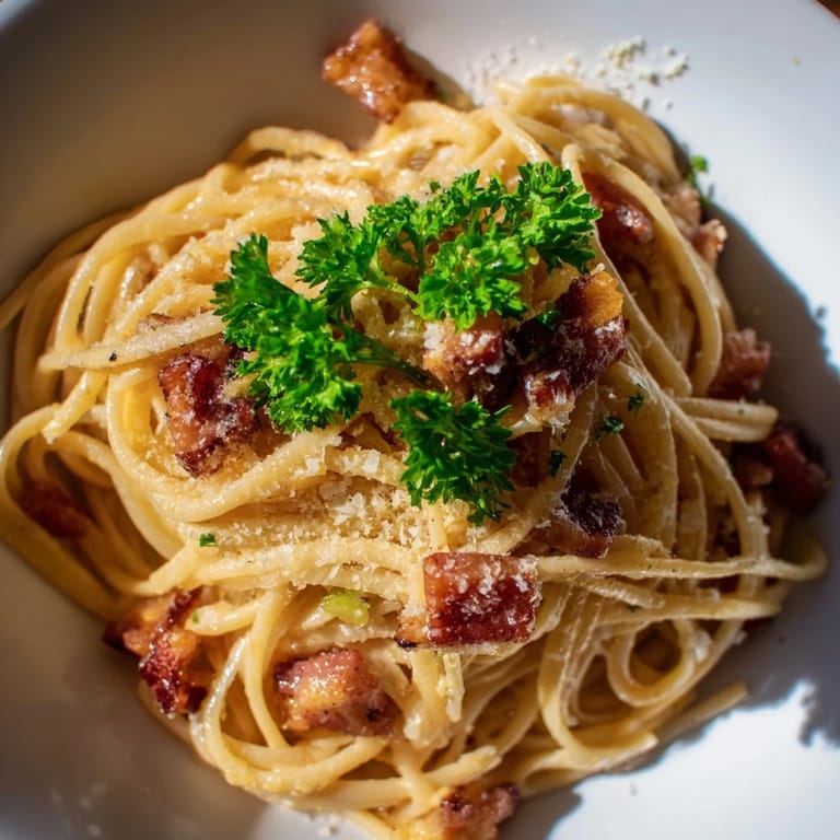 The skillet shows Crispy Bacon Linguine tossed with garlic, parsley, and Parmesan, steaming slightly over a rustic wooden board.