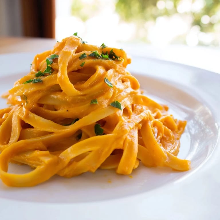 A vibrant plate of butternut squash pasta, topped with grated Parmesan and fresh sage for a cozy meal.