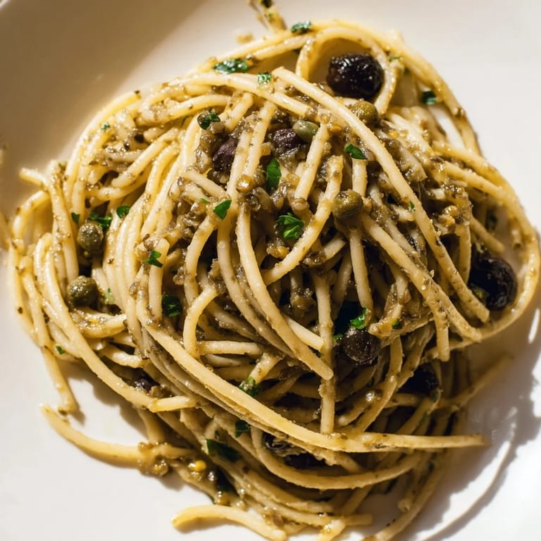 A serving bowl of Olive Tapenade Pasta at a sunlit table, ready to eat with a sprinkle of vegan Parmesan and a glass of white wine.