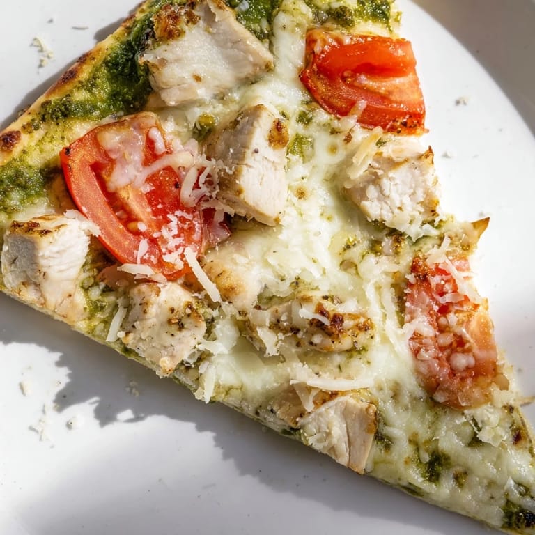 Overhead view of a freshly baked Chicken Pesto Pizza with sliced tomatoes, melted mozzarella, and fresh basil leaves for garnish.