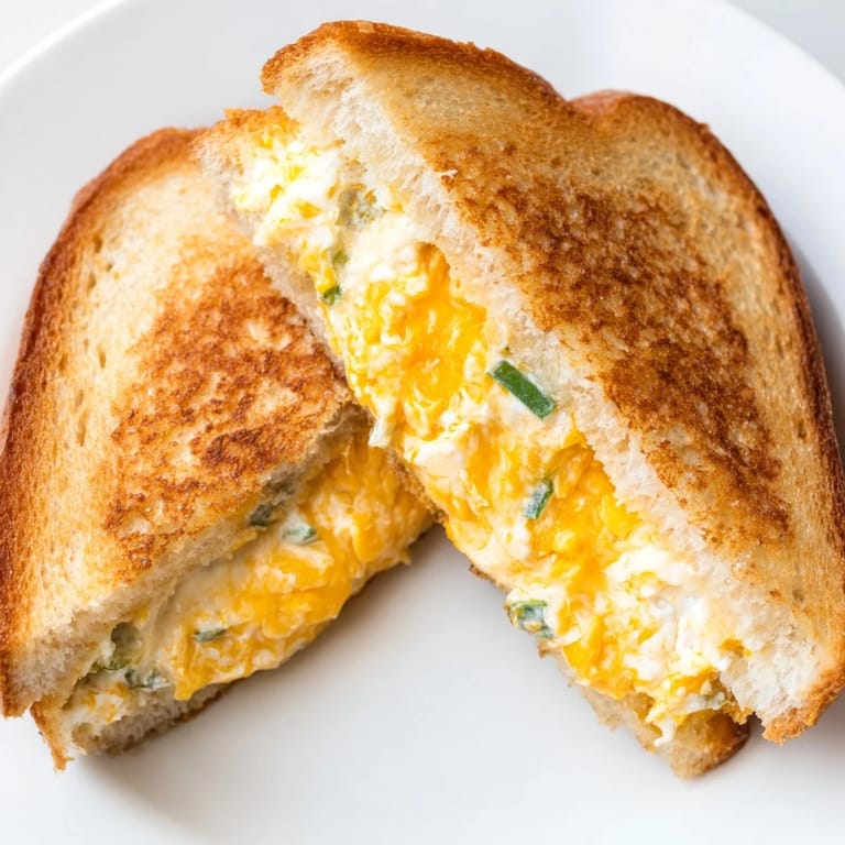 A hot, buttery Jalapeño Popper Grilled Cheese is sliced diagonally, revealing a spicy, creamy filling with flecks of green jalapeño.