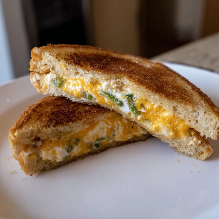 Two crispy Jalapeño Popper Grilled Cheese sandwiches sit next to fresh jalapeño slices and a bowl of creamy tomato soup.