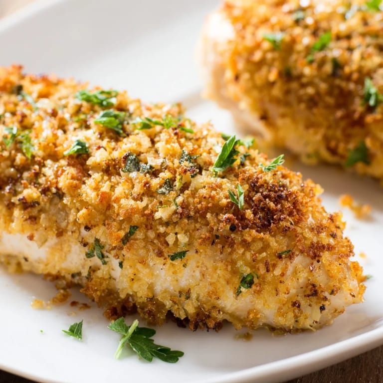 Perfectly baked Roasted Garlic Parmesan Chicken served on a white plate, garnished with fresh parsley alongside a vibrant green salad.  