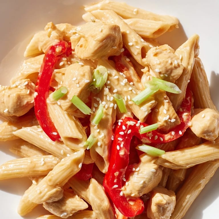 Sweet Chili Chicken Pasta is served hot, garnished with fresh cilantro, spring onions, and a sprinkle of toasted sesame seeds.