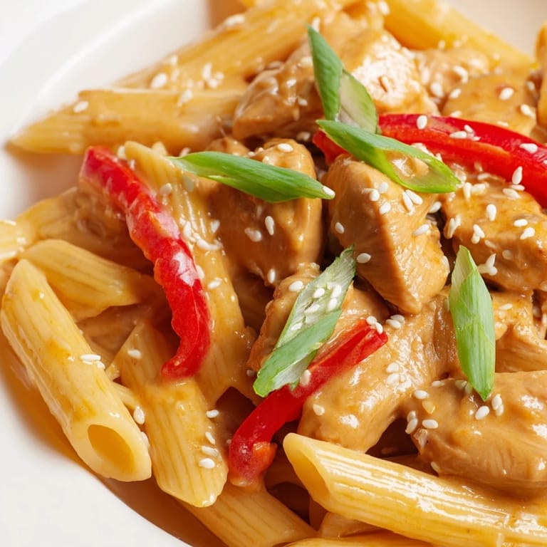 Steam rises from this creamy Sweet Chili Chicken Pasta as it's tossed in a skillet, ready for a family dinner.