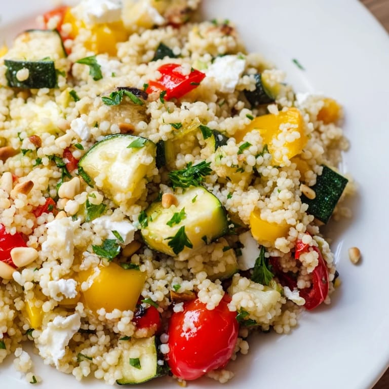 A warm Roasted Veggie Couscous Salad with roasted cherry tomatoes, crumbled feta, and toasted pine nuts ready to serve.