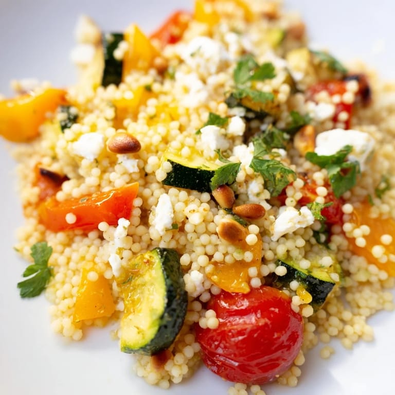 Savory Mediterranean-inspired Roasted Veggie Couscous Salad tossed with mint and parsley, perfect as a light main or colorful side.