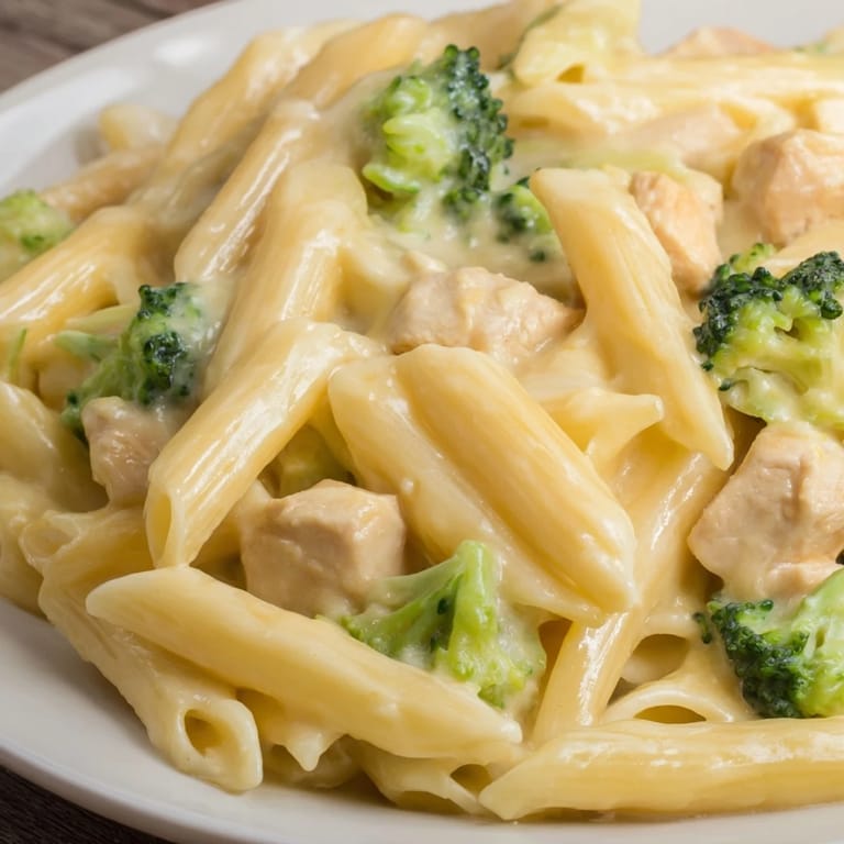 Tender chicken and broccoli florets tossed in a rich cheddar cheese sauce, highlighting a classic American pasta bake.