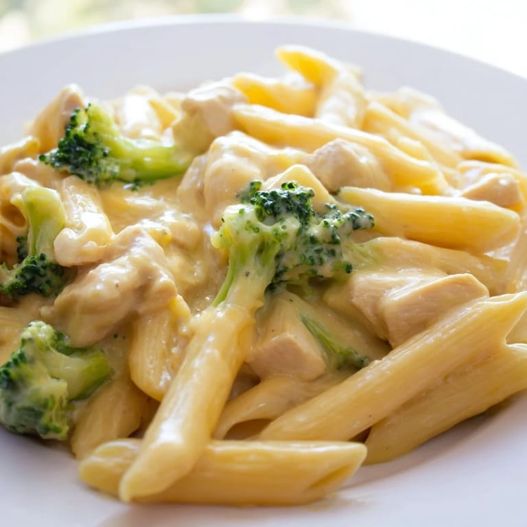 Golden pasta and vibrant green broccoli create a cozy, cheesy meal perfect for a weeknight dinner.