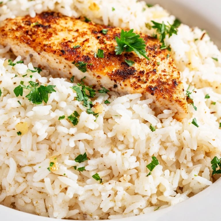 Savory Garlic Butter Rice with Chicken, showing tender grilled chicken breast nestled over aromatic rice for a comforting dinner.