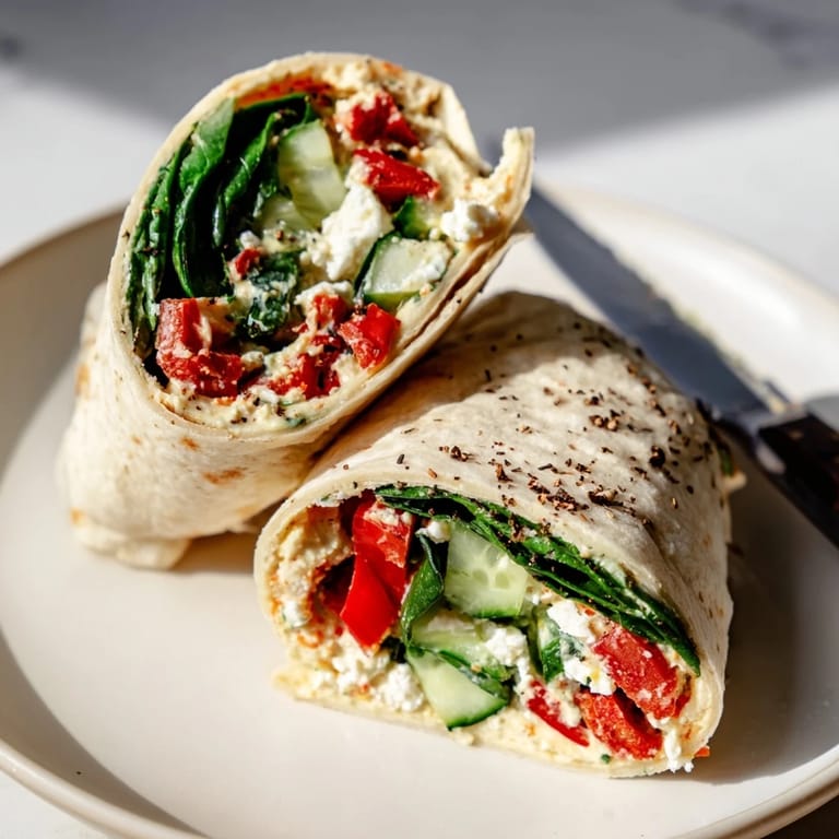 A handheld Mediterranean Veggie Wrap perfect for lunch, filled with hummus, crunchy veggies, and tangy feta cheese.