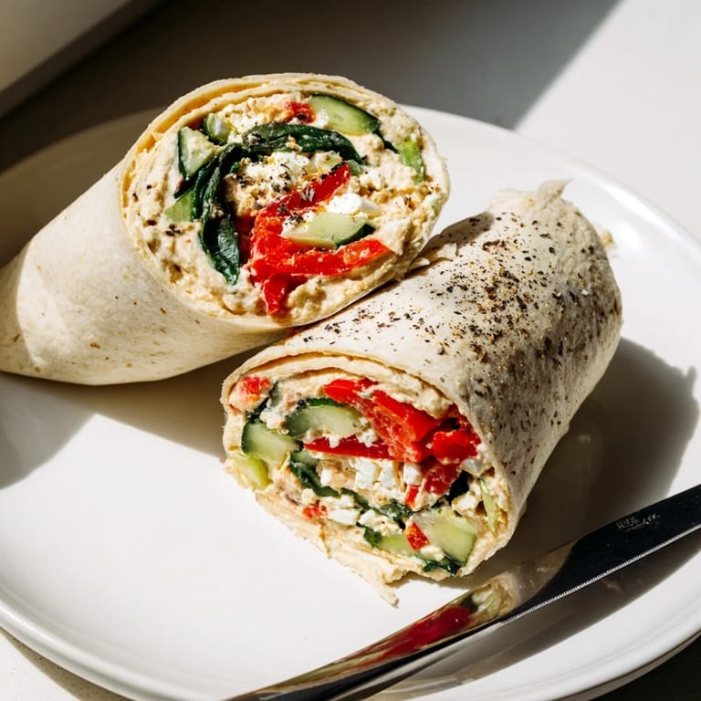 A Mediterranean Veggie Wrap on a plate, sliced to reveal layers of feta, spinach, and vibrant roasted peppers.