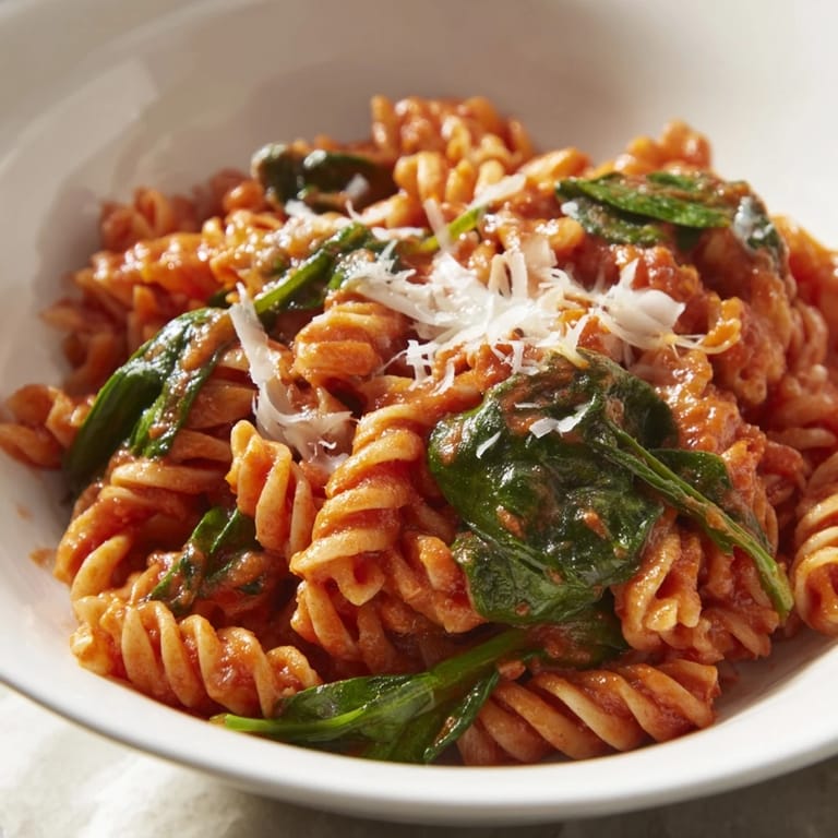Freshly cooked Tomato Spinach One-Pot Rotini in a rustic ceramic pot, highlighting vibrant red tomatoes and green spinach for a comforting, easy weeknight dinner.  
