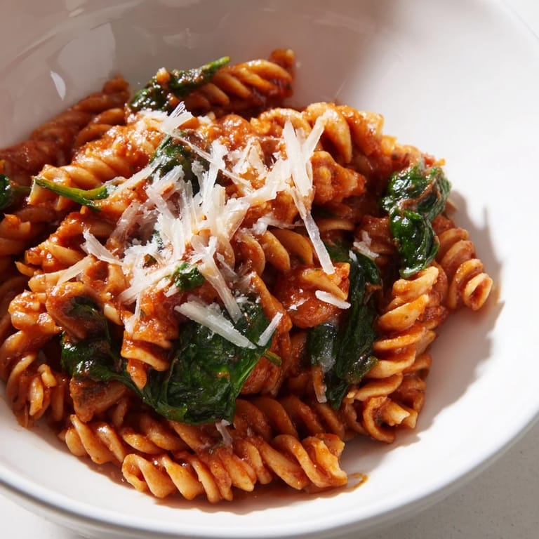 Savory Tomato Spinach One-Pot Rotini served hot in a skillet, garnished with herbs and cheese, ready to be enjoyed with crusty bread on the side.
