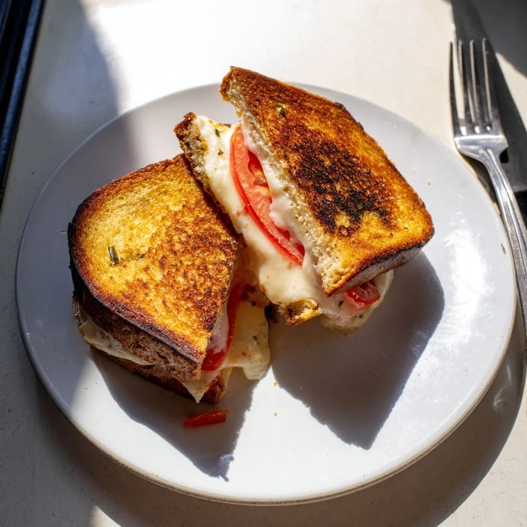 Sizzling Pepper Jack & Tomato Grilled Cheese in a skillet, featuring fresh tomato slices and melted pepper jack cheese.