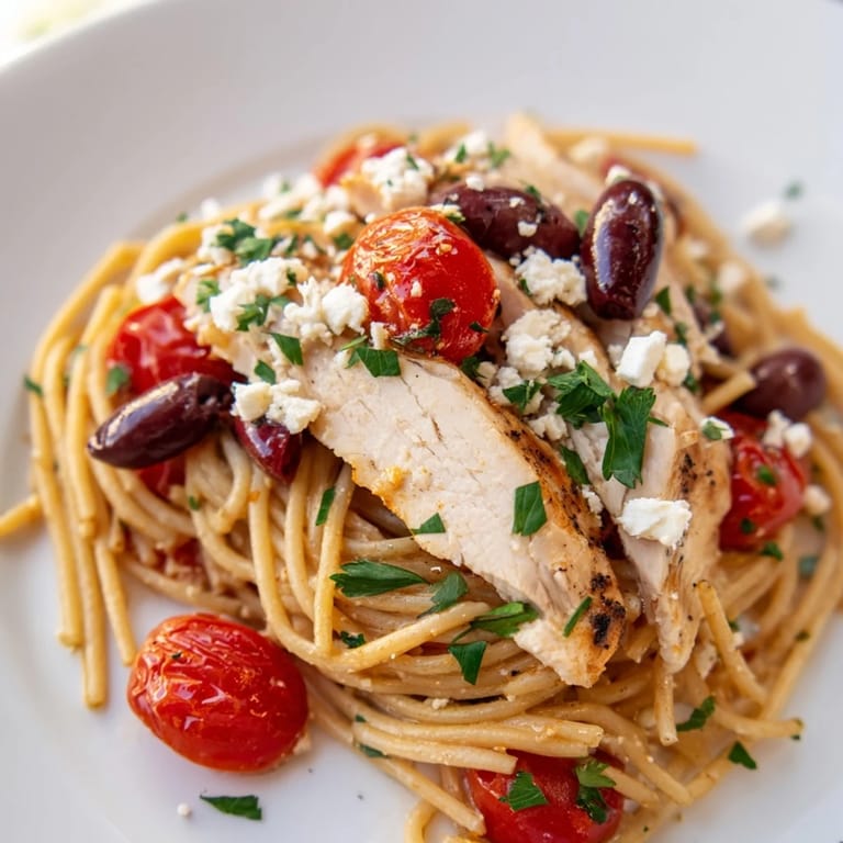Fresh parsley and Kalamata olives garnish this vibrant Mediterranean pasta dish, served alongside a glass of crisp white wine for an authentic Greek-inspired dinner.  