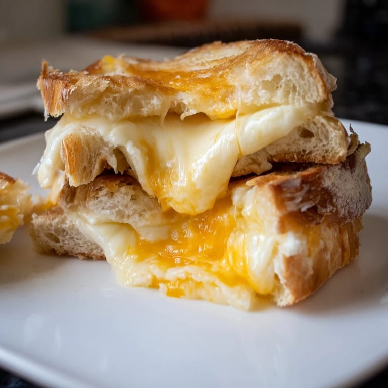 A golden Triple Cheese Sourdough Grilled Cheese sandwich cut diagonally, revealing layers of stretchy cheese on thick, buttery bread.