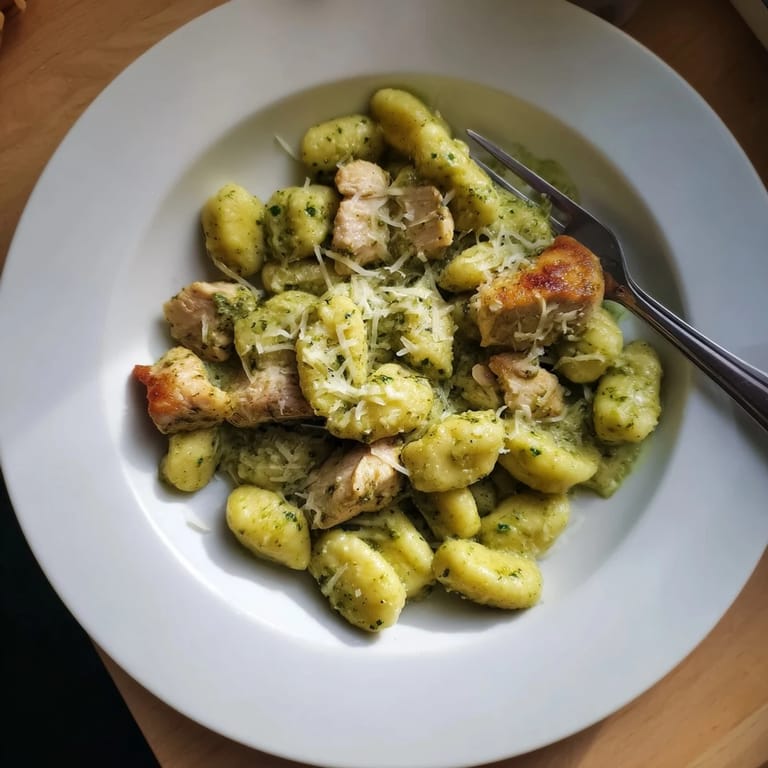 Golden pan-crisped gnocchi and juicy chicken bites coated in a rich, vibrant green pesto cream sauce.  