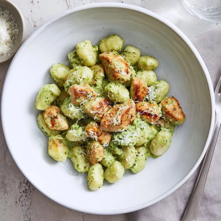 Italian-inspired creamy pesto gnocchi with chicken, perfect for a quick, comforting weeknight dinner.