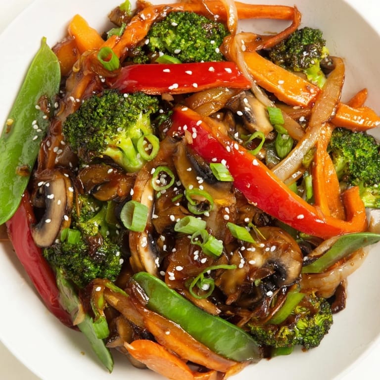 A close-up of Ginger Stir-Fried Vegetables shows colorful bell peppers, mushrooms, and onions glistening with a glossy, ginger-infused sauce.