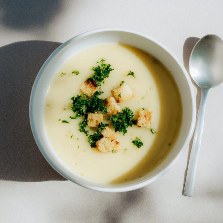 Homemade roasted garlic soup topped with croutons and parsley, perfect for chilly autumn evenings.