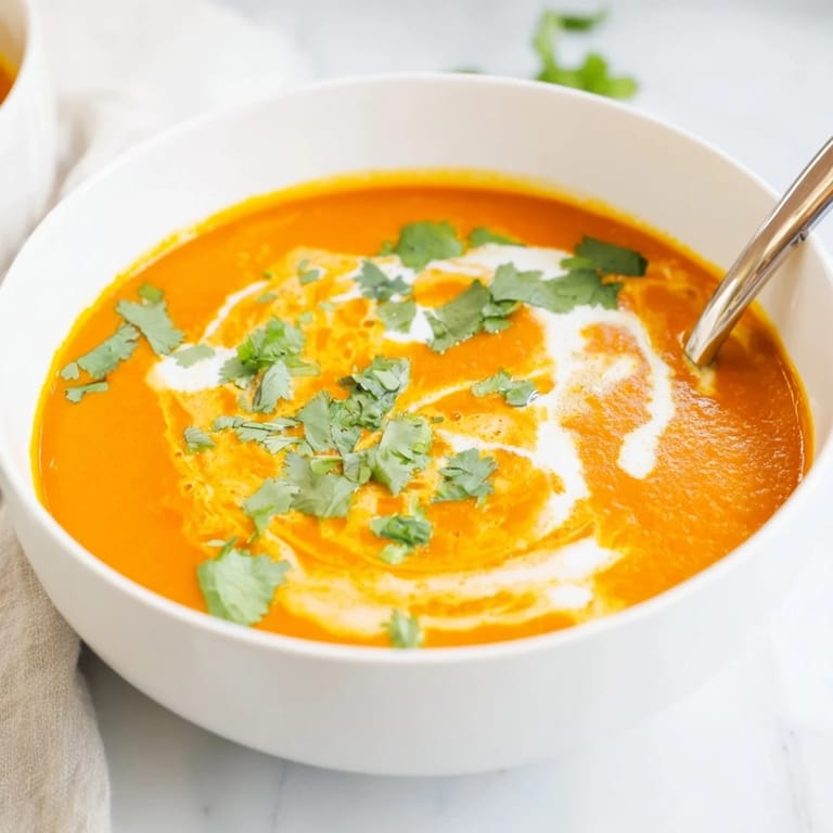 Silky Carrot Ginger Soup served with crusty bread on the side, highlighting its bright orange color.