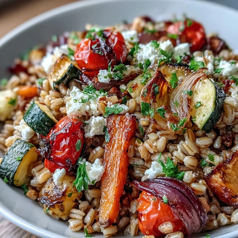 A rustic Mediterranean plate of farro with roasted vegetables tossed in olive oil, herbs, and crumbled optional feta cheese.